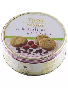 قیمت خرید کوکی/ بیسکویت تیولی با طعم موسلی و زغال اخته 150 گرمی جعبه فلزی Tivoli cookies with muesli and cranberry